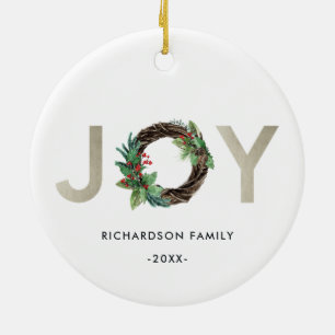 ELEGANT HOLLY BERRY SILVER JOY WREATH CHRISTMAS KERAMISCH ORNAMENT