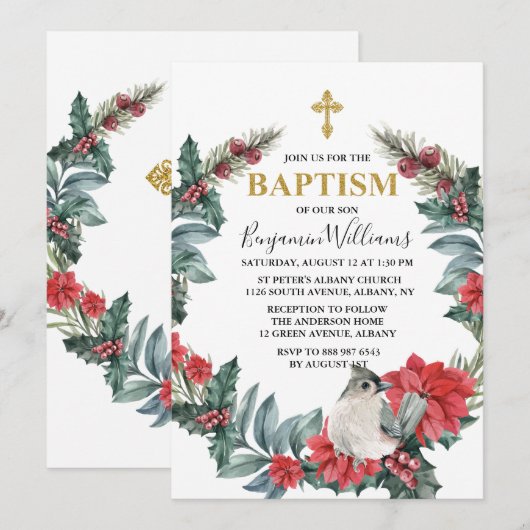 Elegant Holly Berry Winter Baptisme Kaart (Voorkant / Achterkant)