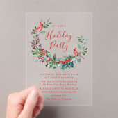 Elegant Holly Berry Wreath Cardinals Holiday Acryl Uitnodigingen (Insitu (Draagbaar))