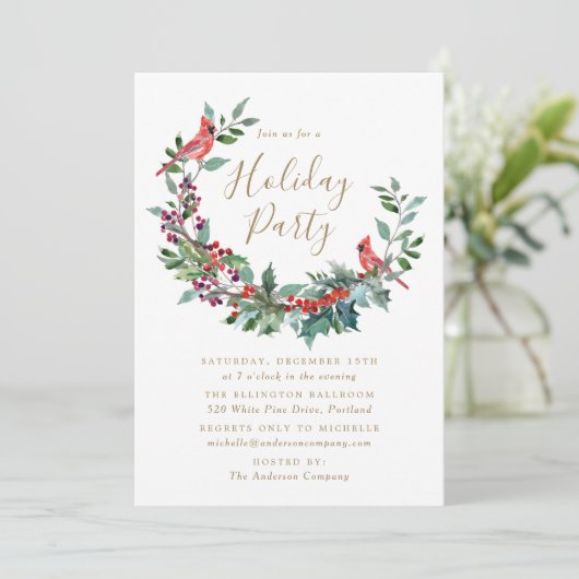 Elegant Holly Berry Wreath Cardinals Holiday Kaart (Staand voorkant)