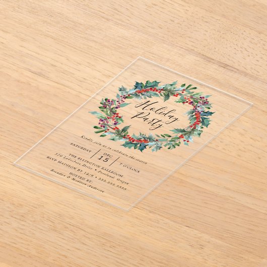 Elegant Holly Berry Wreath Holiday Partij Acryl Uitnodigingen (Laagn)