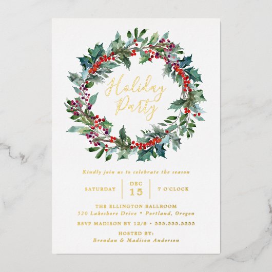 Elegant Holly Berry Wreath Holiday Partij Folie Uitnodiging (Voorkant)