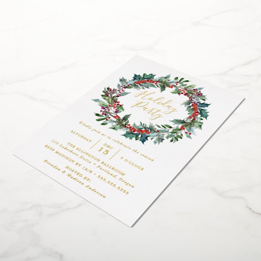Elegant Holly Berry Wreath Holiday Partij Folie Uitnodiging (Gedraaid)