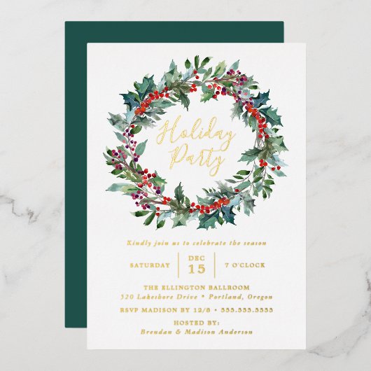 Elegant Holly Berry Wreath Holiday Partij Folie Uitnodiging (Voorkant / Achterkant)