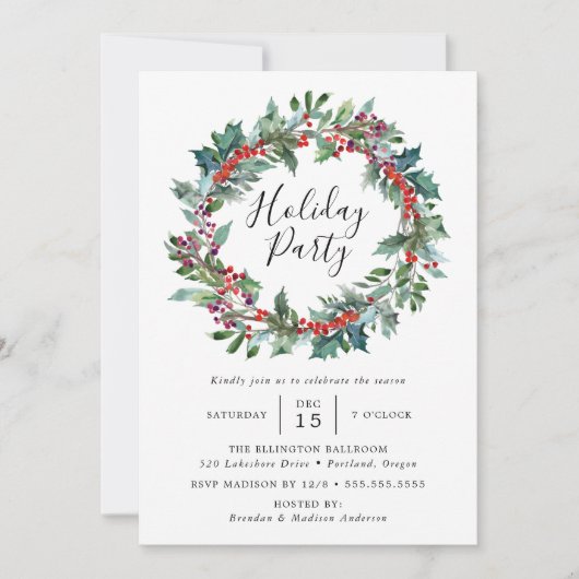 Elegant Holly Berry Wreath Holiday Partij Kaart (Voorkant)