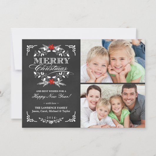 Elegant Holly Chalkboard 2-fotokaarten Feestdagenkaart (Voorkant)