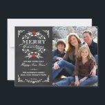Elegant Holly Chalkboard - kerstfotokaart Feestdagenkaart<br><div class="desc">De stijl van het krijt de groet van de Kerstavond van de Kerst met fotomalplaatje. Een elegant zwart-wit ontwerp met prachtige rode poinsettia holle, feestelijke retro-lijst en decoratieve formele letterdrukachtige typografie op leisteen grijze krijtbordachtergrond. Voeg je favoriete afbeelding voor je vakantiehuisje toe en pas de tekst aan. Goedaardige en slimme...</div>