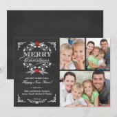 Elegant Holly Chalkboard Kerstmis 3-Foto Collage Feestdagenkaart (Voorkant / Achterkant)