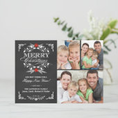 Elegant Holly Chalkboard Kerstmis 3-Foto Collage Feestdagenkaart (Staand voorkant)