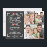 Elegant Holly Chalkboard Kerstmis 3-Foto Collage Feestdagenkaart<br><div class="desc">De stijl van het krijt de groet van de Kerstavond van de Kerst met fotomalplaatje. Een elegant zwart-wit ontwerp met prachtige rode poinsettia holle, feestelijke retro-lijst en decoratieve formele letterdrukachtige typografie op leisteen grijze krijtbordachtergrond. Voeg uw drie favoriete afbeeldingen voor de vakantiehuisjes toe en pas de tekst aan. Goedaardige en...</div>