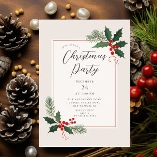 Elegant Holly Christmas Party Invitation Kaart
