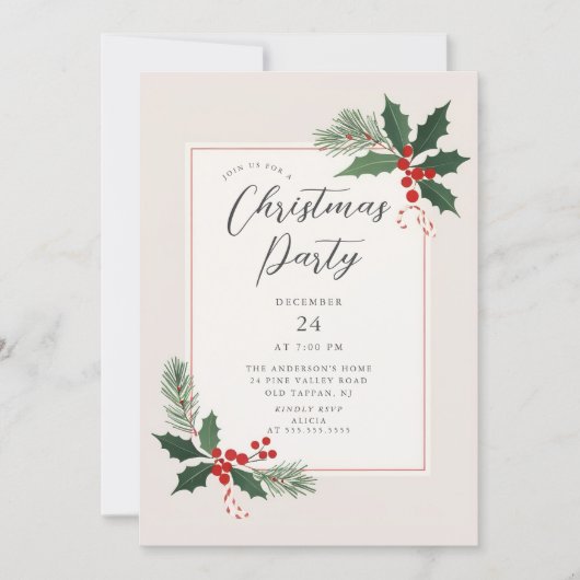 Elegant Holly Christmas Party Invitation Kaart (Voorkant)