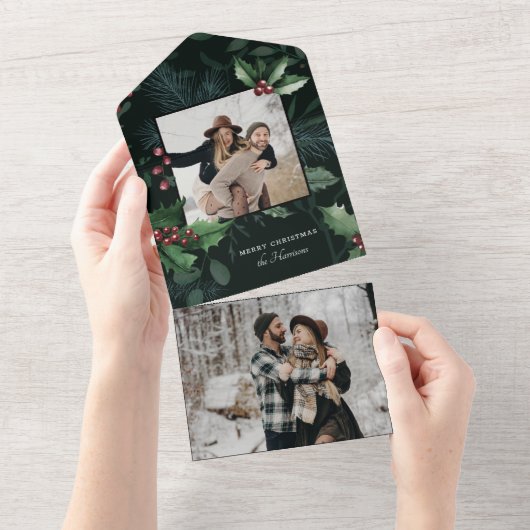 Elegant Holly Dark Green Botanical foto All In One Uitnodiging (Afscheurbaar)