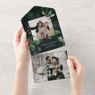 Elegant Holly Dark Green Botanical foto All In One Uitnodiging