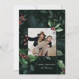 Elegant Holly Dark Green Botanical foto Feestdagenkaart