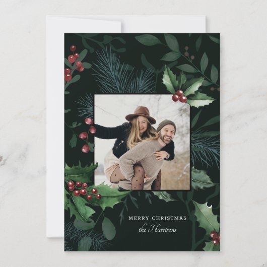 Elegant Holly Dark Green Botanical foto Feestdagenkaart (Voorkant)