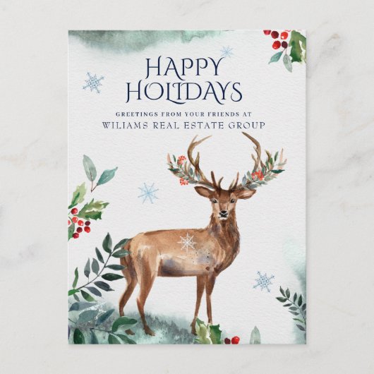 Elegant Holly Deer Corporate Greeting voor Kerstmi Feestdagenkaart (Voorkant)