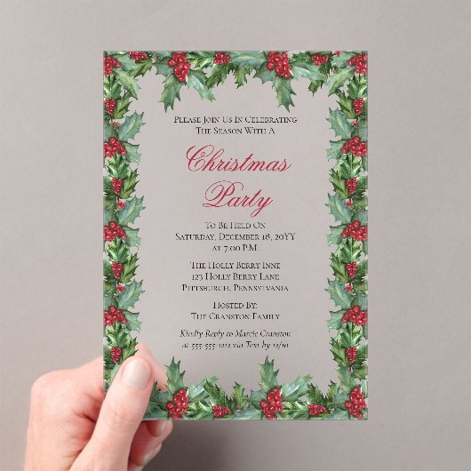 Elegant Holly en Berries Lijst Kerstfeest Acryl Uitnodigingen (Insitu (Draagbaar))