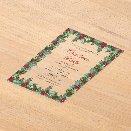 Elegant Holly en Berries Lijst Kerstfeest Acryl Uitnodigingen (Laagn)