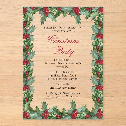Elegant Holly en Berries Lijst Kerstfeest Acryl Uitnodigingen (Voorkant)