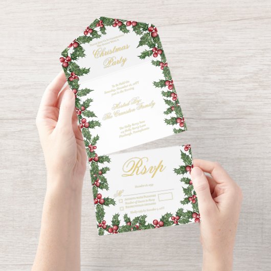 Elegant Holly en Berries Lijst Kerstfeest All In One Uitnodiging (Uittrekbaar)