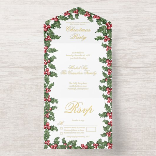 Elegant Holly en Berries Lijst Kerstfeest All In One Uitnodiging (Binnenkant)