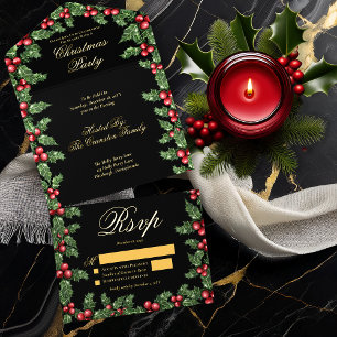 Elegant Holly en Berries Lijst Kerstfeest All In One Uitnodiging
