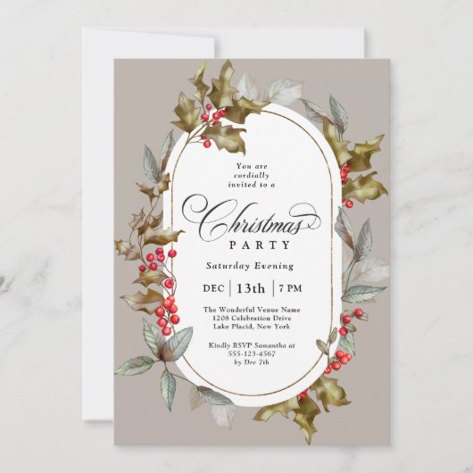 Elegant Holly en Berry Botanische Kerstfeest Kaart (Voorkant)