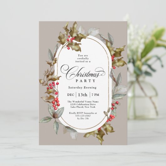 Elegant Holly en Berry Botanische Kerstfeest Kaart (Staand voorkant)