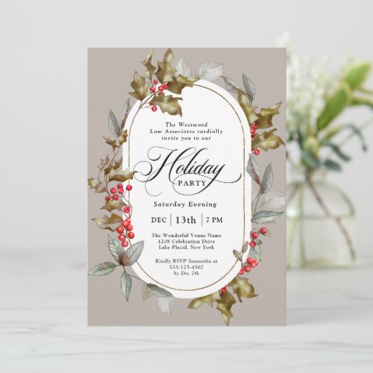 Elegant Holly en Berry Corporate Holiday Party Kaart (Staand voorkant)