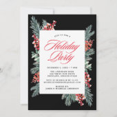 Elegant Holly en Evergreen Black Holiday Party Kaart (Voorkant)