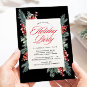 Elegant Holly en Evergreen Black Holiday Party Kaart