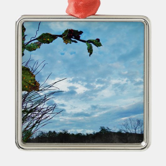 Elegant Holly Kerstmis, blauwe hemel Metalen Ornament (Voorkant)