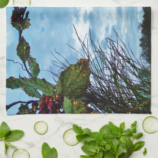 Elegant Holly Kerstmis, blauwe hemel Theedoek (Gevouwen)