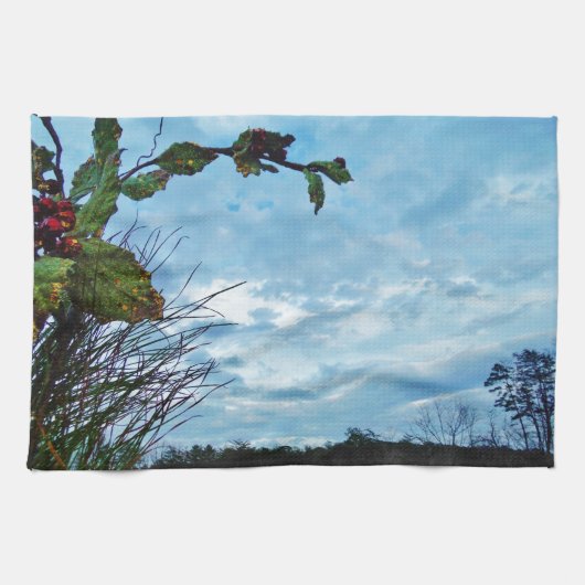 Elegant Holly Kerstmis, blauwe hemel Theedoek (Horizontaal)