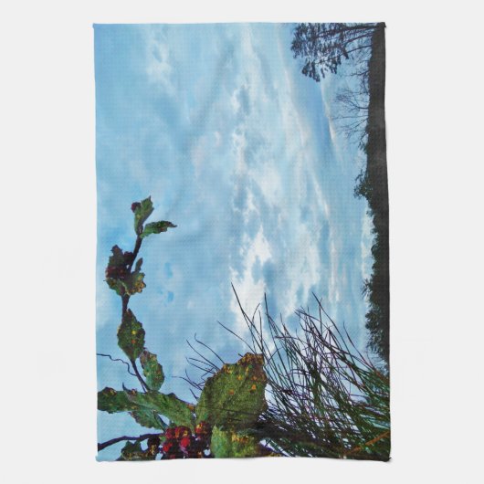 Elegant Holly Kerstmis, blauwe hemel Theedoek (Verticaal)