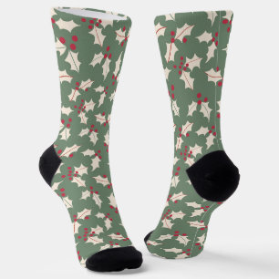 Elegant Holly Patroon Groen Rood, Ivoor Sokken