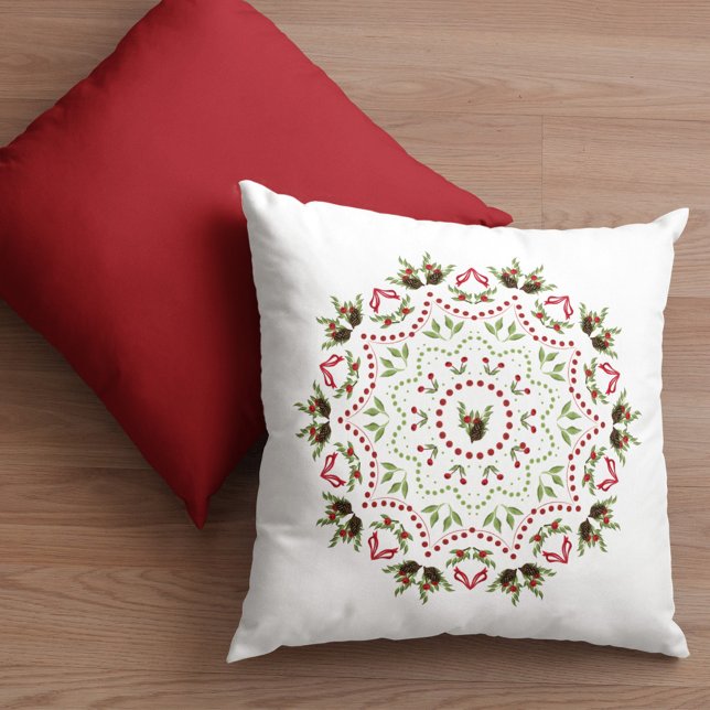 Elegant Holly Pinecone Holiday Mandala Kerstala Kussen (Christmas simple holiday wreath mandala decorative throw pillow)