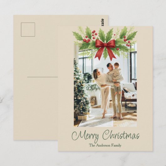 Elegant Holly & Red Bow Christmas Briefkaart (Voorkant / Achterkant)