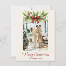Elegant Holly & Red Bow Christmas Briefkaart