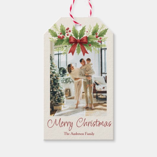 Elegant Holly & Red Bow Christmas -  Cadeaulabel (Voorkant)