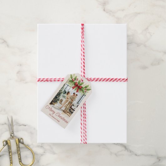 Elegant Holly & Red Bow Christmas -  Cadeaulabel (Met Touw)