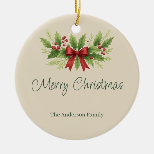 Elegant Holly & Red Bow Christmas - Keramisch Ornament (Voorkant)