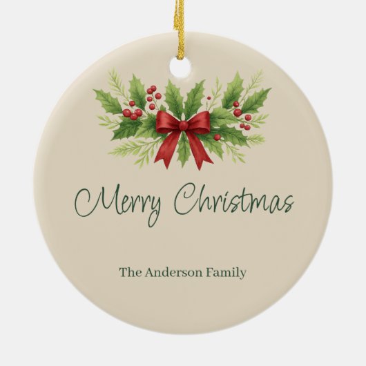 Elegant Holly & Red Bow Christmas -  Keramisch Ornament (Achterkant)