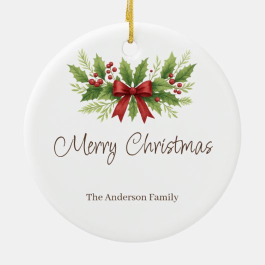 Elegant Holly & Red Bow Christmas -  Keramisch Ornament (Achterkant)