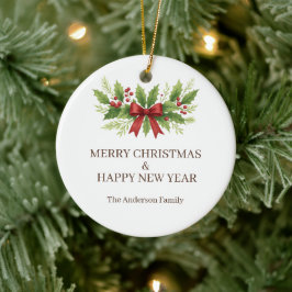 Elegant Holly & Red Bow Christmas -  Keramisch Ornament