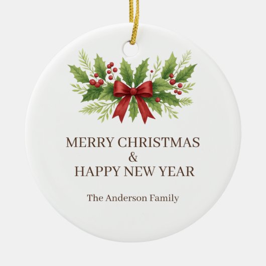 Elegant Holly & Red Bow Christmas -  Keramisch Ornament (Voorkant)