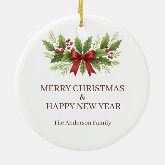 Elegant Holly & Red Bow Christmas -  Keramisch Ornament (Achterkant)
