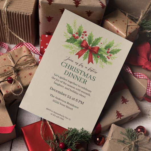Elegant Holly & Red Bow Kerstdiner - Kaart