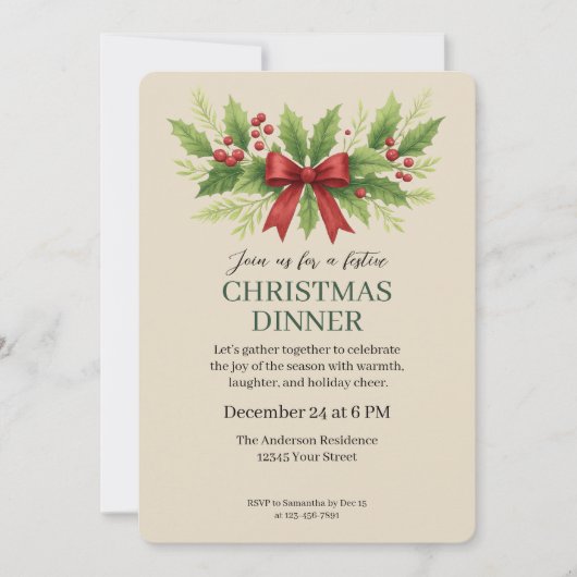 Elegant Holly & Red Bow Kerstdiner - Kaart (Voorkant)